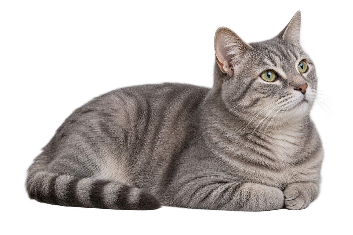 A calm senior gray tabby cat resting