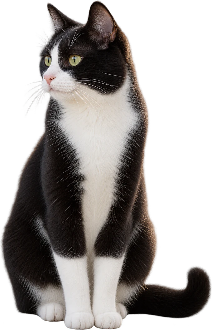 A tuxedo cat sitting attentively