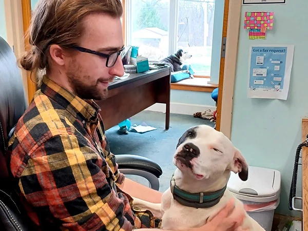 A person sharing a reassuring moment with a white dog in Highland's clinic photo collection.