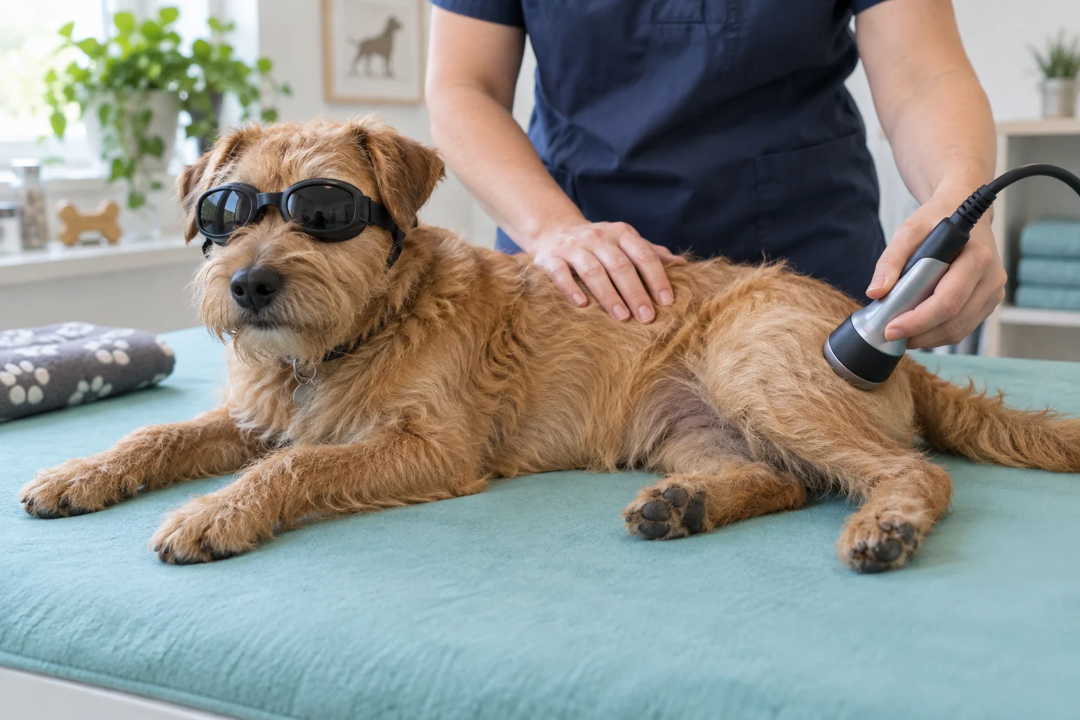 Illustrative veterinary therapy scene: a relaxed terrier wearing protective goggles while a caregiver applies a laser handpiece to its thigh.