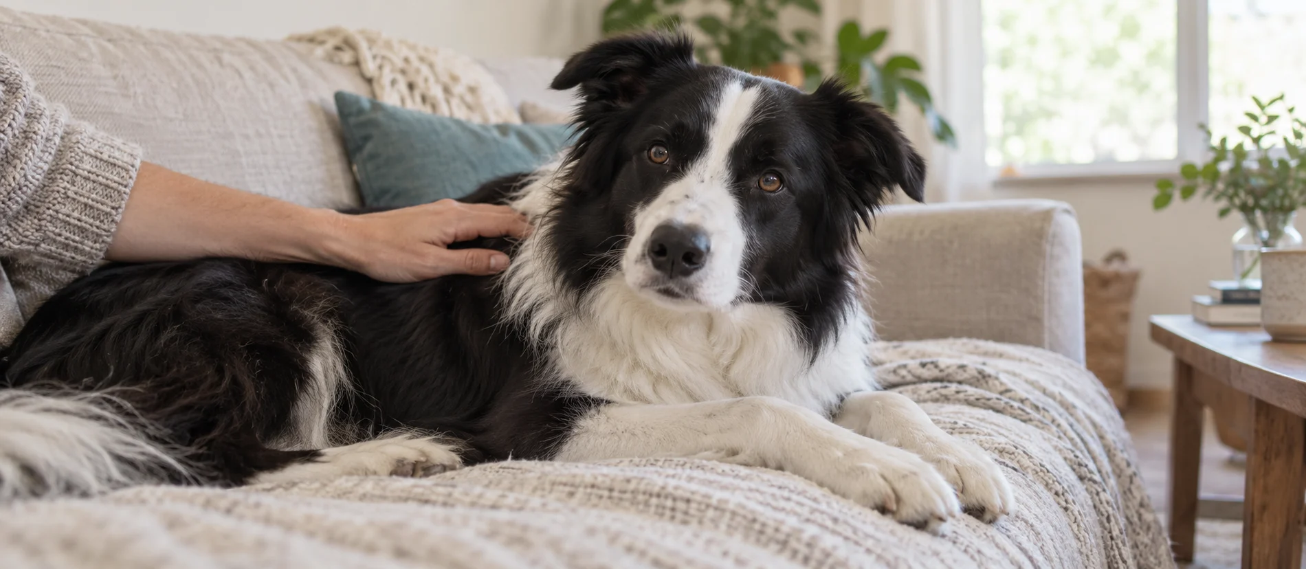 A relaxed black-and-white dog resting on a blanket while a caregiver gently strokes its shoulder.