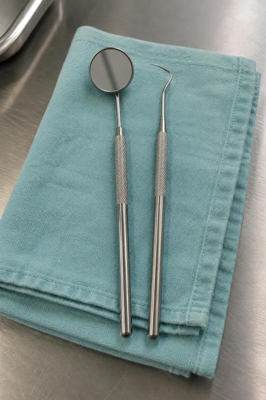 A dental mirror and scaler on a clean muted teal cloth.