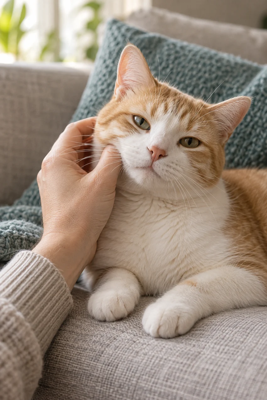 A relaxed cream-and-ginger cat enjoying a caregiver's gentle cheek scratch at home.